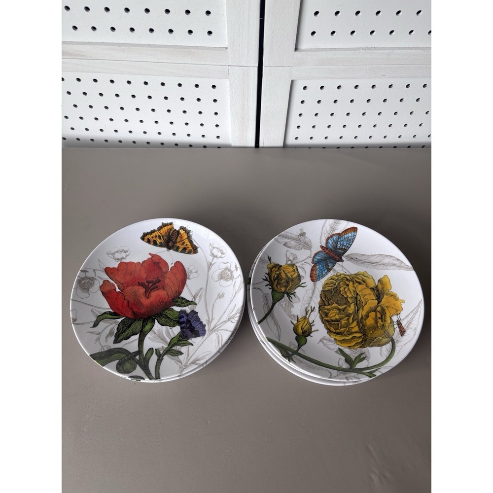 Set Of 8 Pier 1 Imports Melamine Salad Plates Floral Butterfly 8" Dinner Lunch